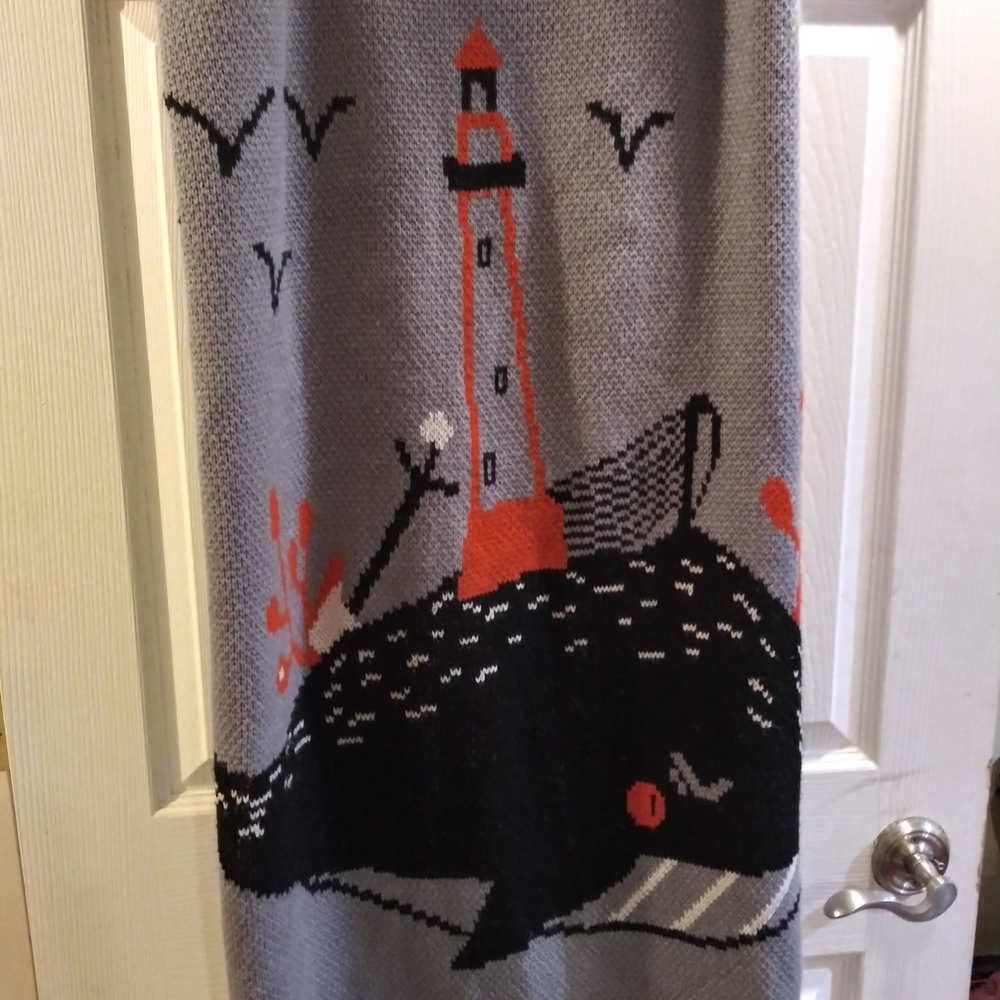Gray Whale and Lighthouse Knit Blanket